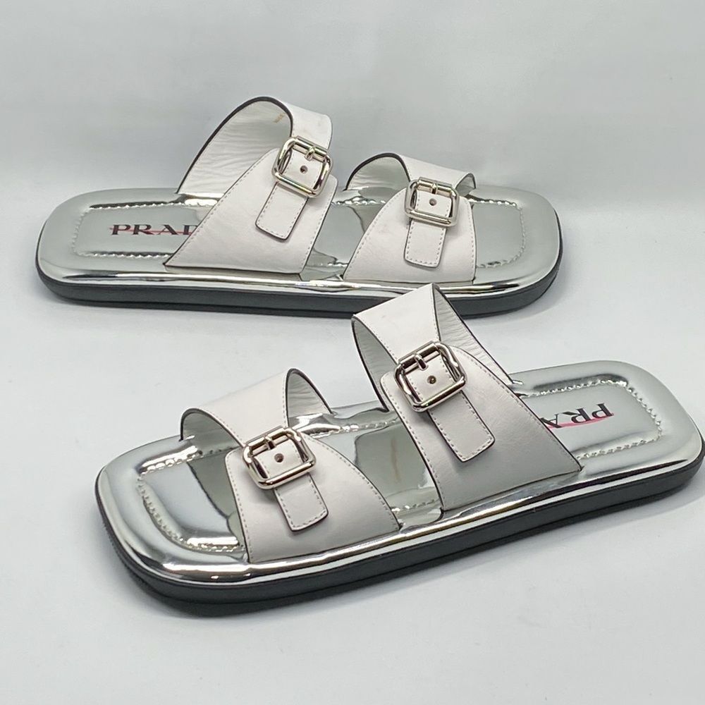 Prada Double Buckle Slide Sandal With Metallic Soles size 39.5